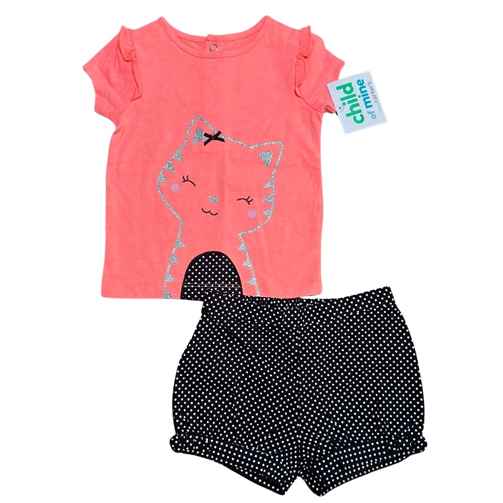 NWT | CHILD OF MINE | GLITTER CAT 2PIECE SHORT SET | PEACH | BABY GIRL | 6-9M